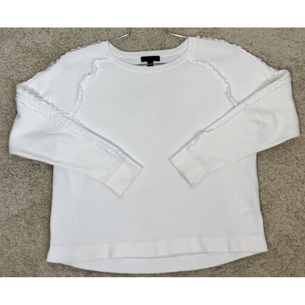 J Crew White Cropped Long Sleeve Cotton Sweater With Crochet Accents Sz M Spring